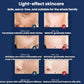 White LED facial light therapy device shown beside skincare before-and-after panels