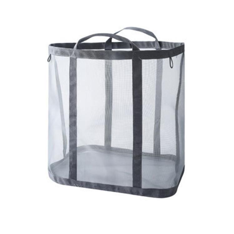 Gray mesh laundry basket with black vertical stripes and two carry handles