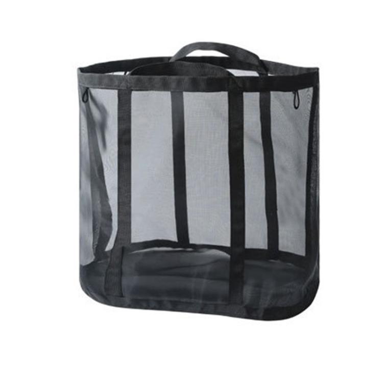 Black mesh laundry basket with gray vertical stripes and top carry handles