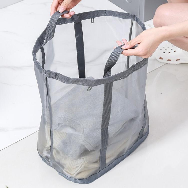 Gray mesh laundry hamper with sturdy handles and an open-top fabric basket