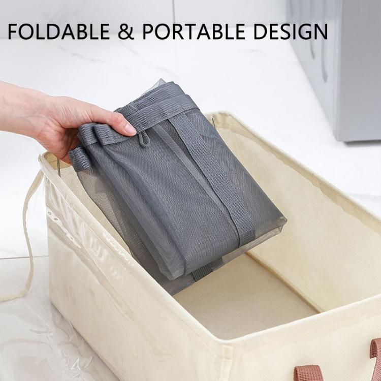 Gray striped foldable mesh storage bag with carry handles and open top