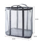 Gray mesh laundry basket with black stripes and two top handles, size view