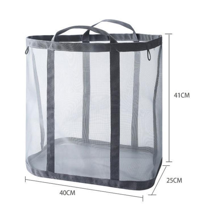 Gray mesh laundry basket with black stripes and two top handles, size view