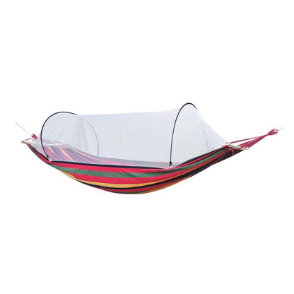 Double hammock chair with white mosquito net and colorful striped canvas base