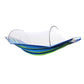Double hammock chair with white mosquito net and blue striped canvas base