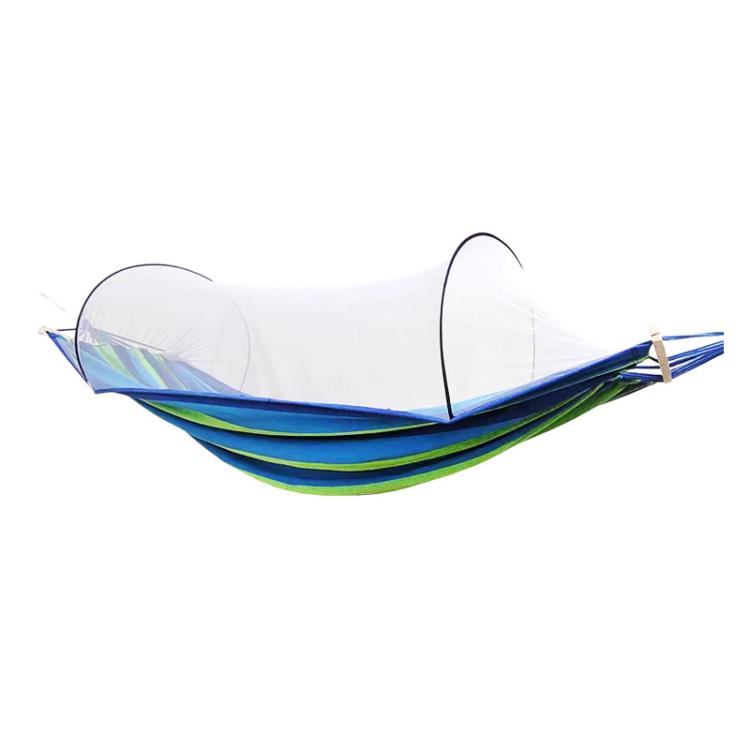 Double hammock chair with white mosquito net and blue striped canvas base