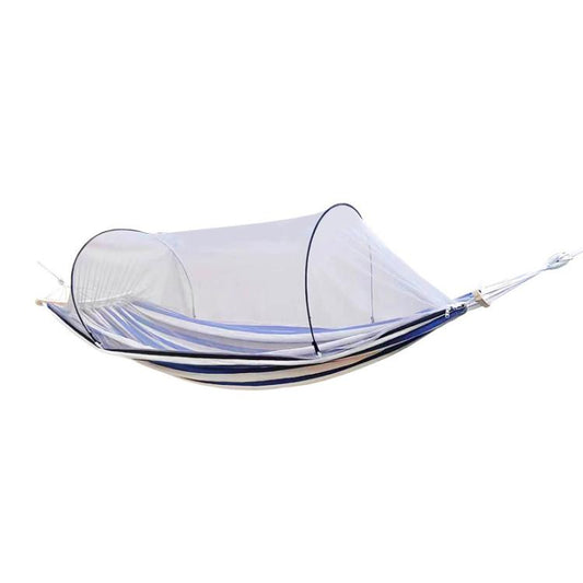 Double hammock chair with white mosquito net and blue-striped hammock base