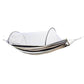 Double hammock chair with white mosquito net and black-and-white striped canvas base