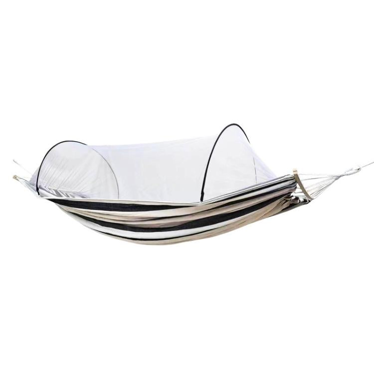 Double hammock chair with white mosquito net and black-and-white striped canvas base