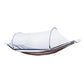 Double hammock chair with white mosquito net and dark brown striped canvas base