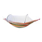 Double hammock chair with white mosquito net and multicolor striped canvas hammock