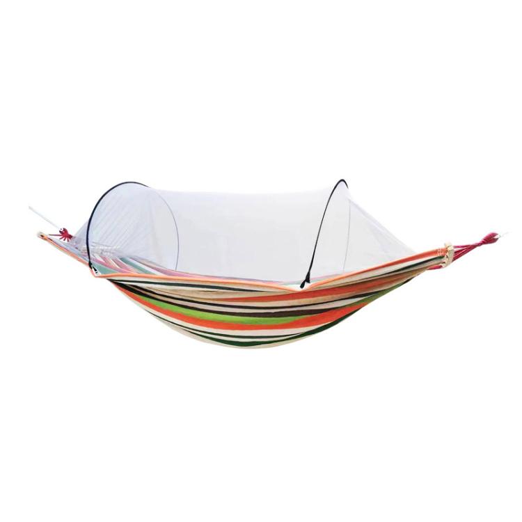 Double hammock chair with white mosquito net and multicolor striped canvas hammock