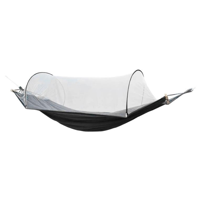 Double hammock chair with white mosquito net and black fabric hammock base