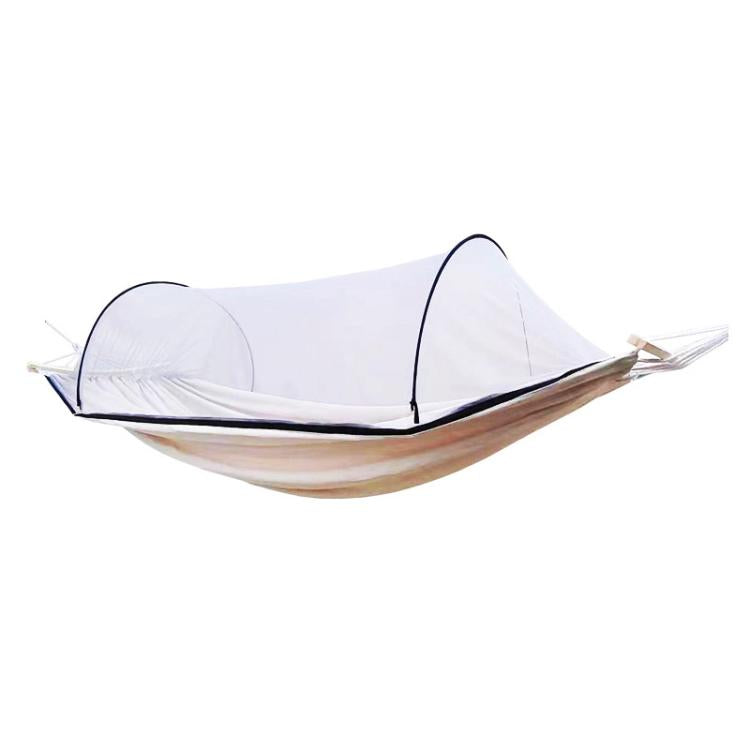 Double hammock chair with white mosquito net and tan striped canvas hammock base