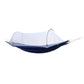 Double hammock chair with white mosquito net and dark blue striped canvas hammock