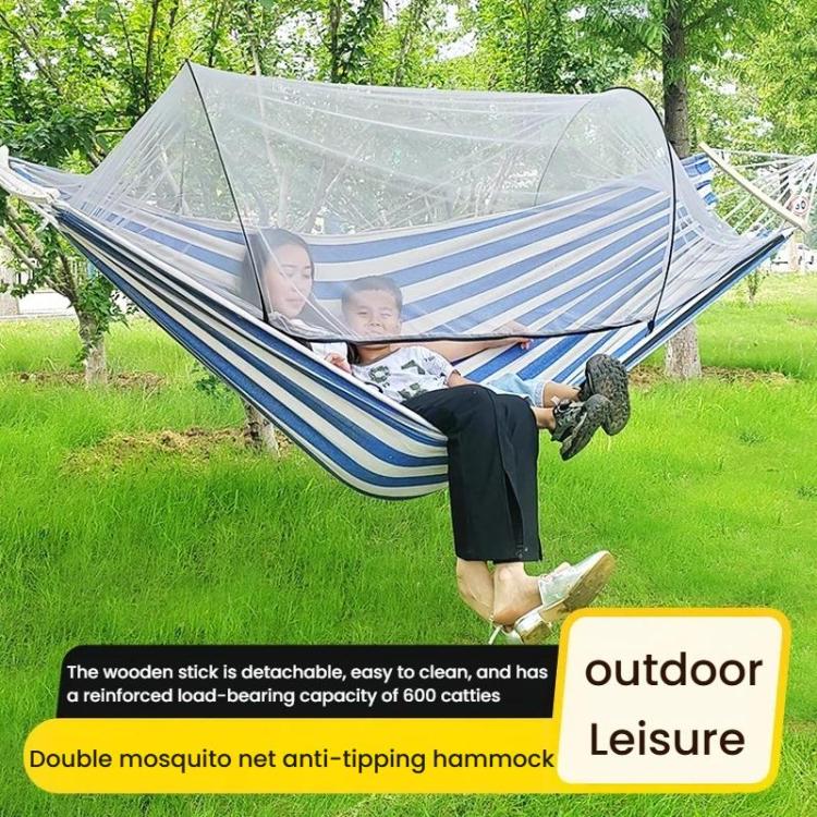 Outdoor double hammock chair with white mosquito net and blue striped fabric