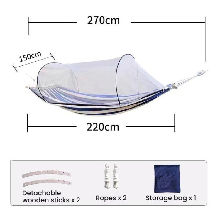 Mosquito net hammock dimensions diagram with white canopy and striped edges