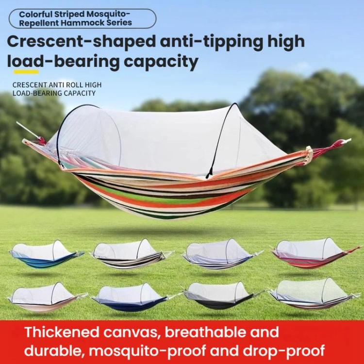 Striped mosquito net hammock with anti-rollover frame and suspended canopy
