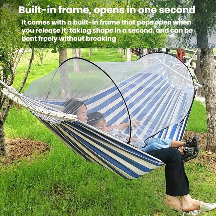 Blue-striped mosquito net hammock with transparent canopy and arched frame