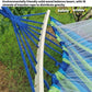 Blue canvas hammock net with light green edge fabric and support rope frame