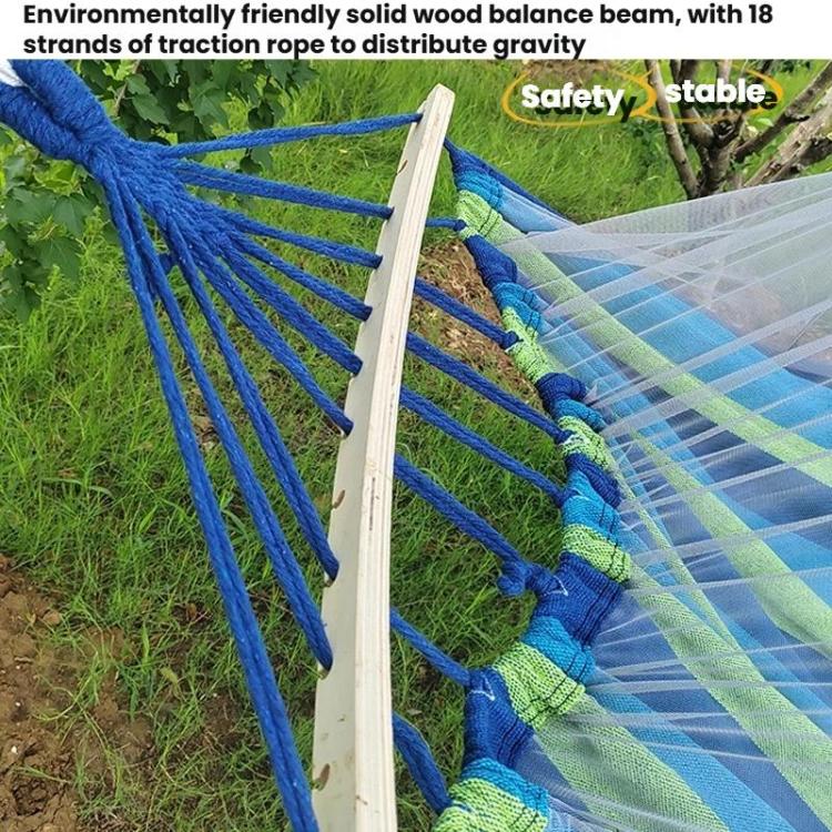 Blue canvas hammock net with light green edge fabric and support rope frame