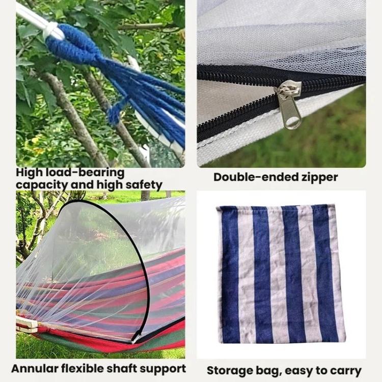 Blue-striped mosquito net hammock with double-ended zipper and zippered mesh edge