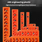 Orange ABS plastic right-angle positioner with multiple hole openings and notched guides.