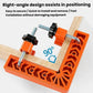 Orange L-shaped right-angle positioner securing a wooden board with clamp bolts.