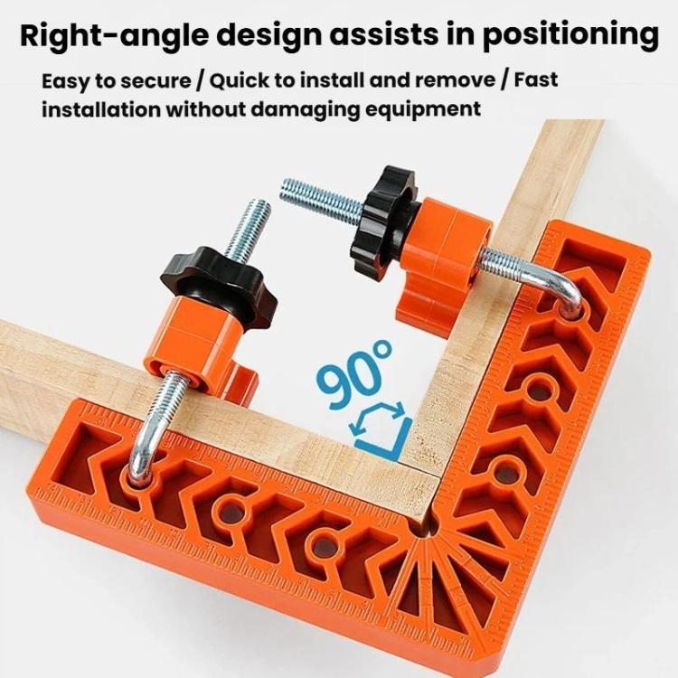 Orange L-shaped right-angle positioner securing a wooden board with clamp bolts.