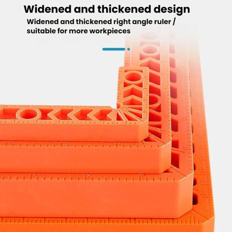 Stacked orange L-shaped ruler guides with widened design and engraved measurement scale.