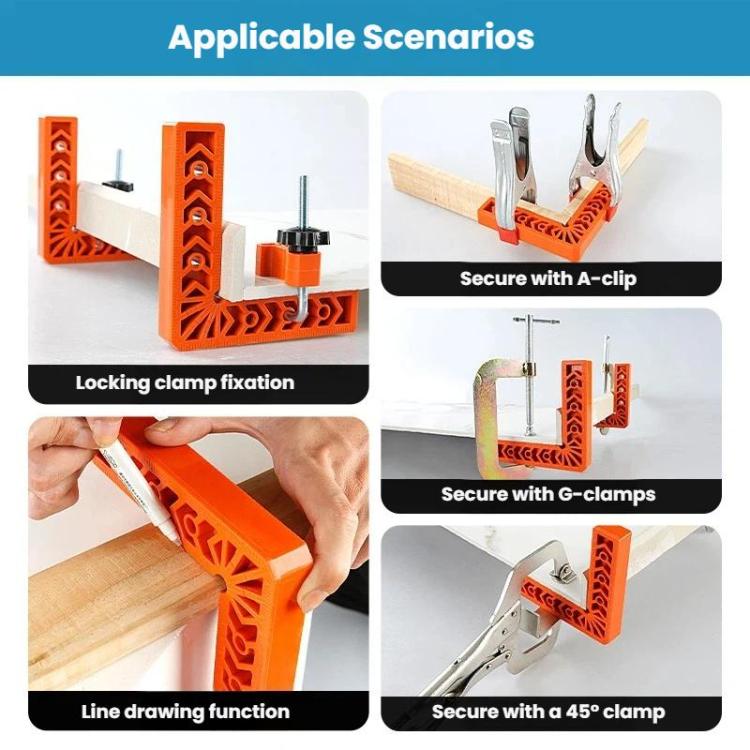 Orange right-angle corner bracket used with clamps and quick fixation on boards.