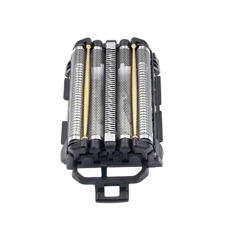 Replacement shaver head top view with three silver foil cutters and gold guides