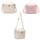 Insulated lunch bags in light beige and pink, each with shoulder straps and top handle
