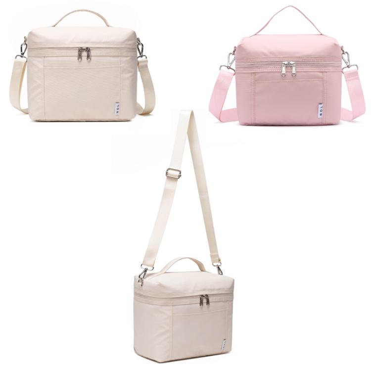 Insulated lunch bags in light beige and pink, each with shoulder straps and top handle