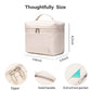 Light beige insulated lunch bag with top handle, front zipper, and front pocket
