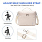 Light beige insulated lunch bag with adjustable shoulder strap and top handle