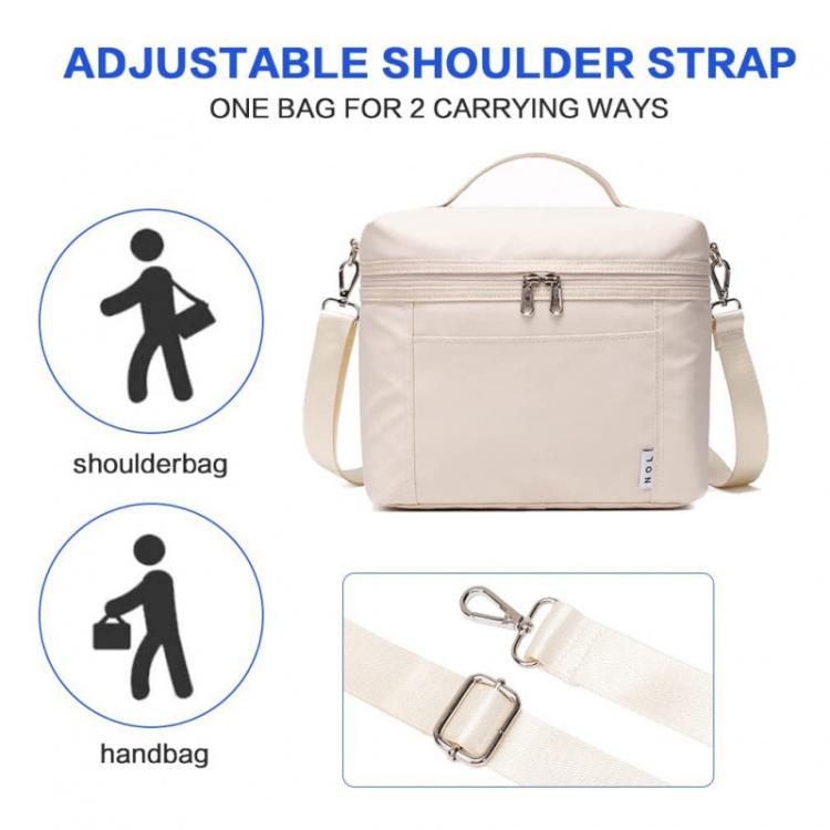 Light beige insulated lunch bag with adjustable shoulder strap and top handle