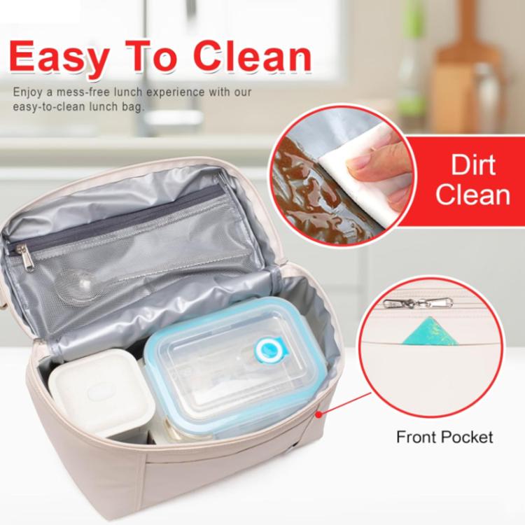 Light beige insulated lunch bag open with visible lined interior and front pocket