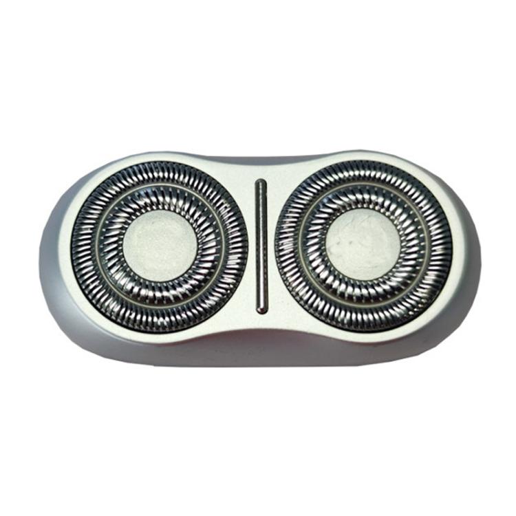 Dual-head electric shaver replacement foil assembly, silver-gray housing with two circular cutters