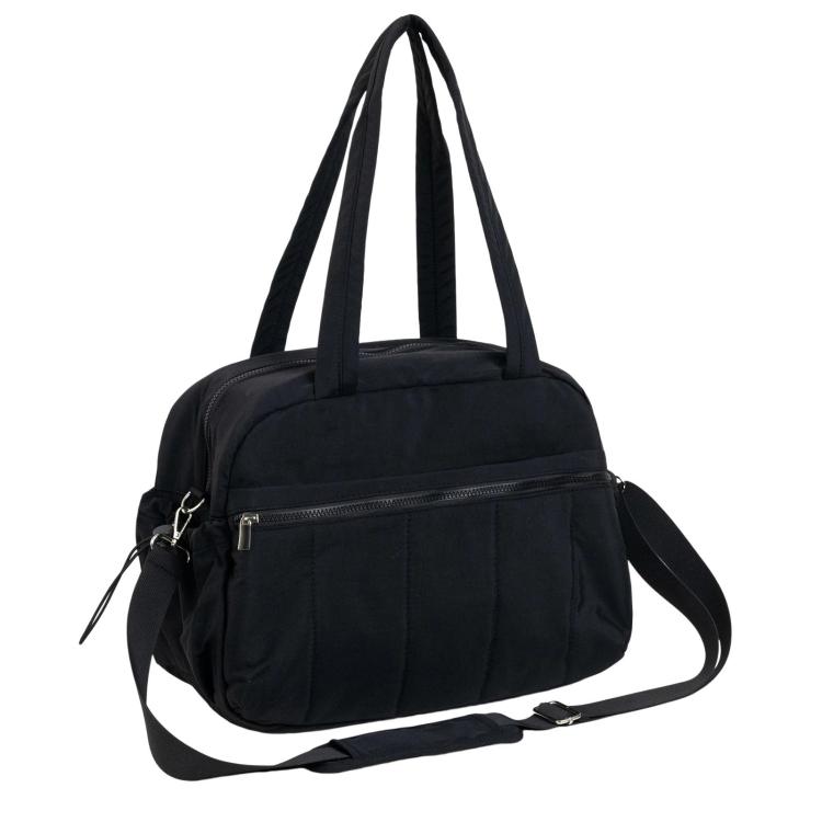 Black travel bag with compartments, top handles, and zippered front pocket