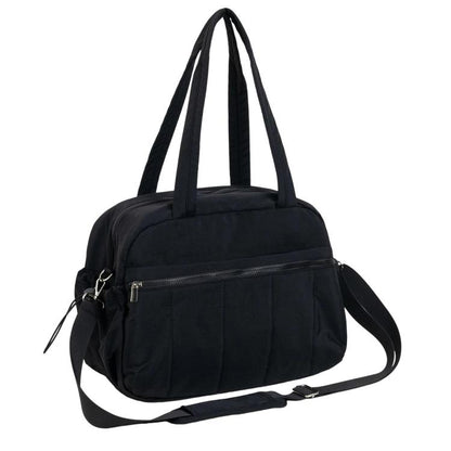 Black travel bag with compartments, top handles, and zippered front pocket