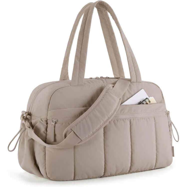 Khaki travel bag with compartments, padded strap, and zippered front pocket