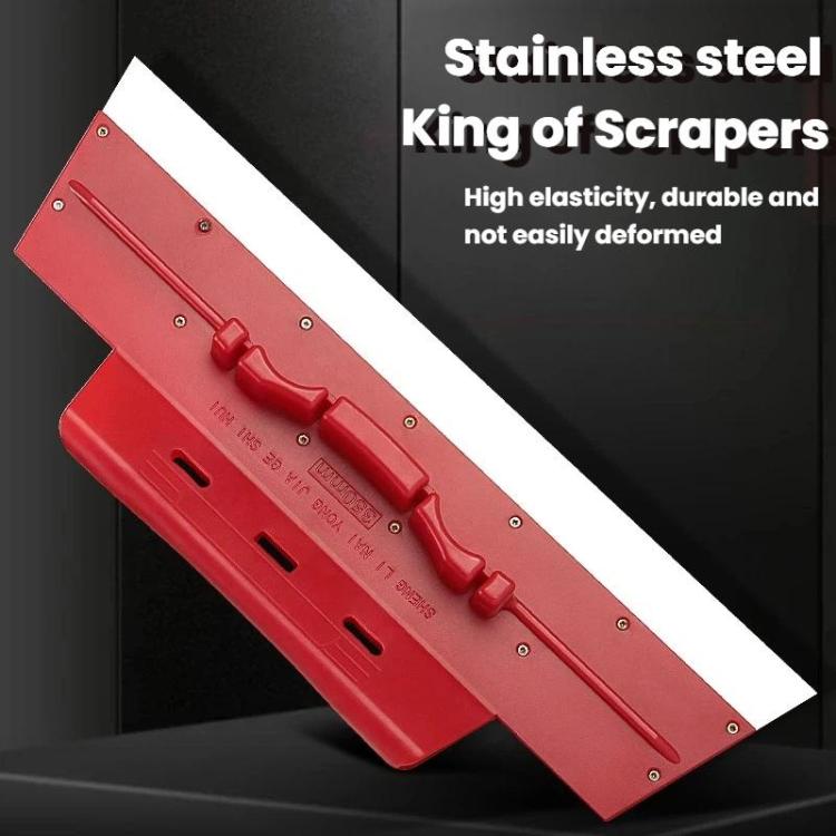 Red paint scraper putty knife with stainless blade, front edge and handle detail