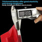 Red paint putty knife scraper with stainless metal blade and caliper measurement at edge