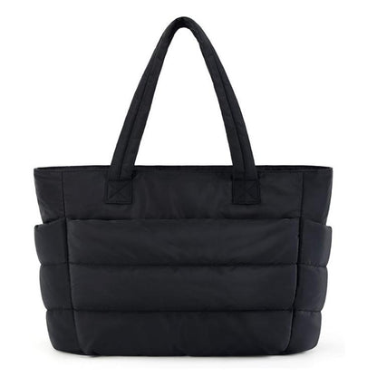 Black multi-compartment tote bag with padded front panel and two top handles