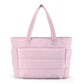 Pink multi-compartment tote bag with padded front panel and two top handles