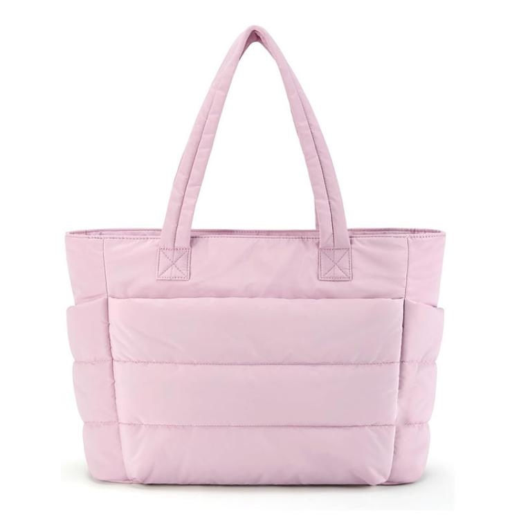 Pink multi-compartment tote bag with padded front panel and two top handles