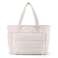 Beige multi-compartment tote bag with padded front panel and two top handles
