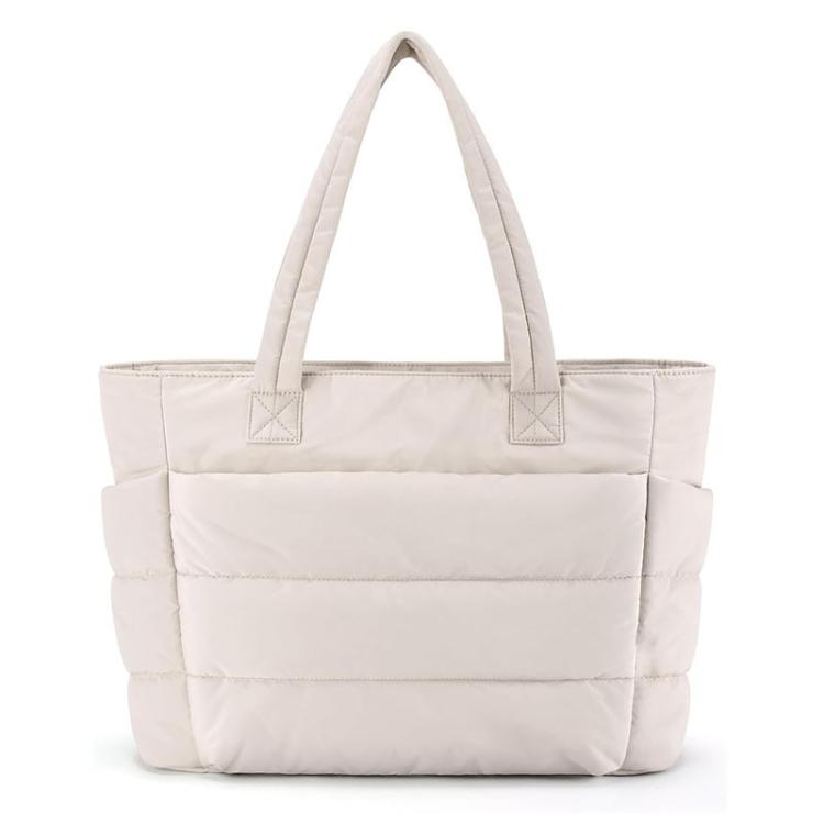Beige multi-compartment tote bag with padded front panel and two top handles