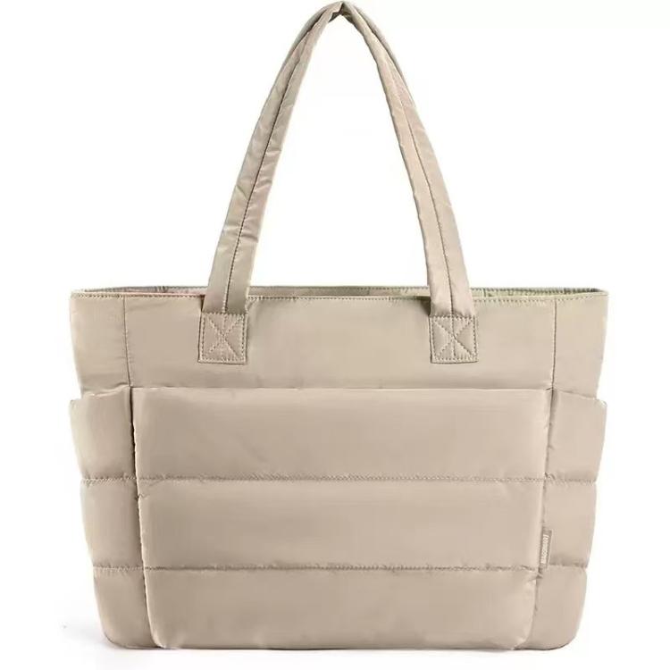 Khaki multi-compartment tote bag with padded front panel and two top handles
